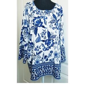 NWOT's -Emery Rose Womens Blue/White Floral Long Sleeve Pull-Over Tunic Size XXL